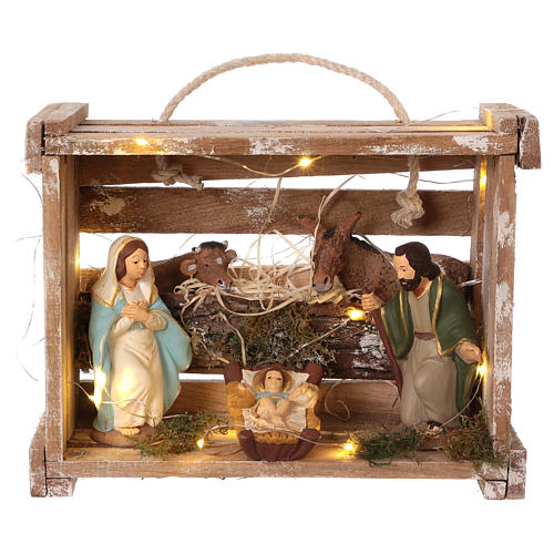 Casinha com luzes portátil em madeira com Natividade para presépio Deruta com figuras de 12 cm de altura média 1