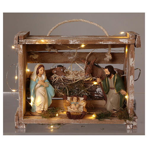 Casinha com luzes portátil em madeira com Natividade para presépio Deruta com figuras de 12 cm de altura média 2