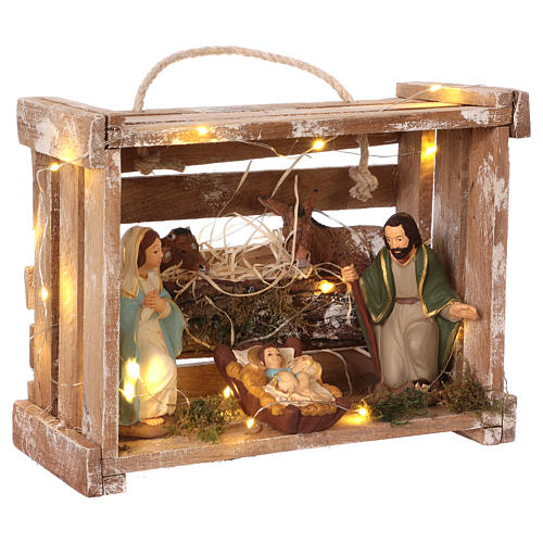 Portable wood box with lights with 12 cm Nativity Scene 4