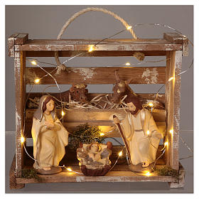 Holzkiste mit Heiligen Familie 12cm und Licht Terrakotta Deruta