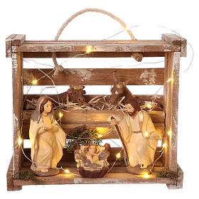 Portable wood box with lights and Deruta Nativity scene 12 cm