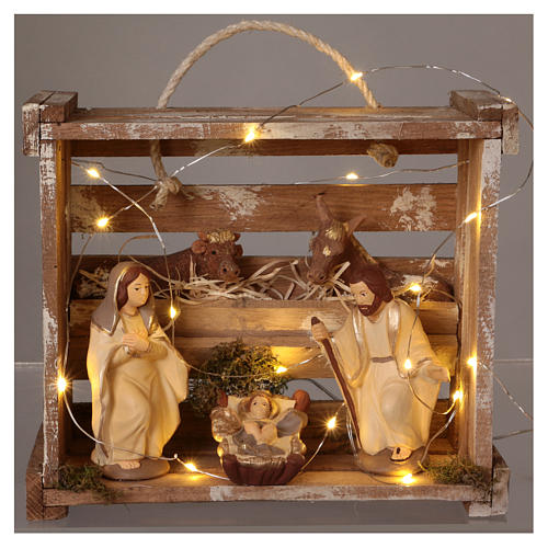 Portable wood box with lights and Deruta Nativity scene 12 cm 2