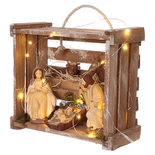 Portable wood box with lights and Deruta Nativity scene 12 cm 3