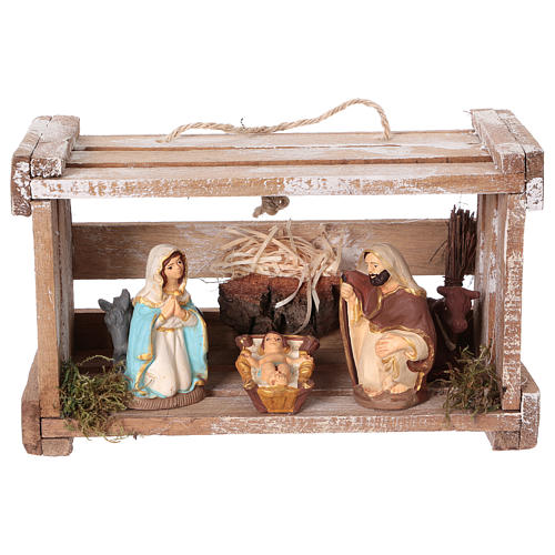 Casinha portátil em madeira com Natividade para presépio Deruta com figuras de 8 cm de altura média 1