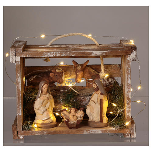 Holzkiste mit Heiligen Familie und Licht Terrakotta Deruta 10cm 2