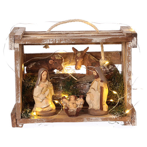 Casa com luzes portátil madeira Natividade para presépio Deruta com figuras de 10 cm de altura média 1