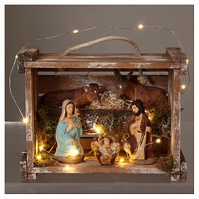 Holzkiste mit Heiligen Familie 10cm und Licht Terrakotta Deruta