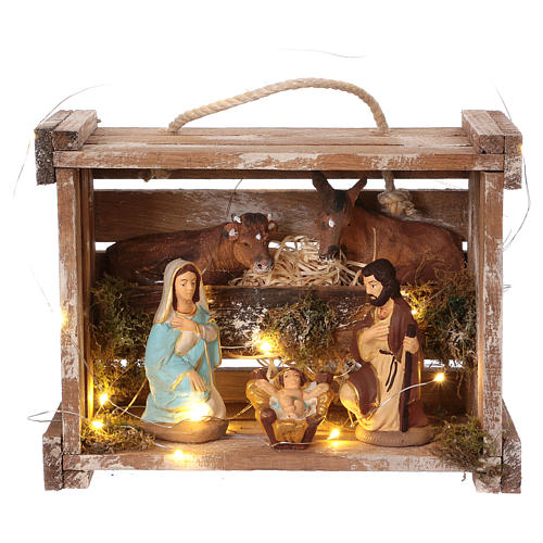 Holzkiste mit Heiligen Familie 10cm und Licht Terrakotta Deruta 1