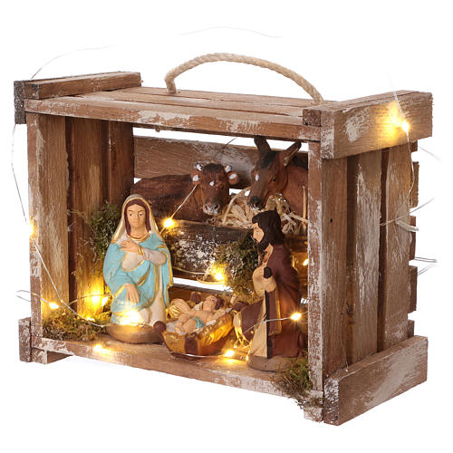 Holzkiste mit Heiligen Familie 10cm und Licht Terrakotta Deruta 3