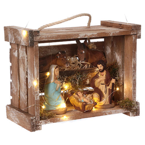 Caisse avec éclairage et poignée bois et mousse Nativité 10 cm Deruta 4