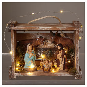 Skrzynka ze światłami, przenośna, drewno, mech, Scena Narodzin, szopka 10 cm, Deruta