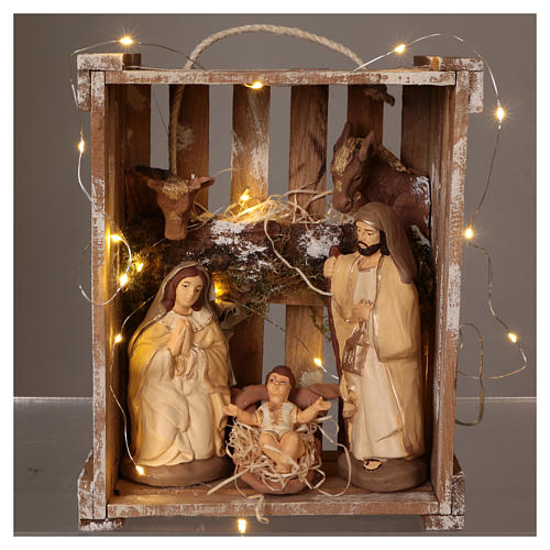 Kleine Holzkiste mit Heiligen Familie und Licht 20cm Terrakotta Deruta 2