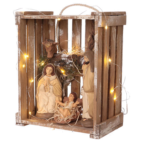 Kleine Holzkiste mit Heiligen Familie und Licht 20cm Terrakotta Deruta 3
