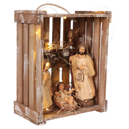 Kleine Holzkiste mit Heiligen Familie und Licht 20cm Terrakotta Deruta 4