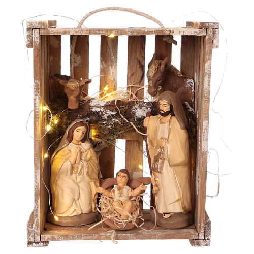 Portable wood and moss box with lights and Deruta Nativity scene 20 cm 1