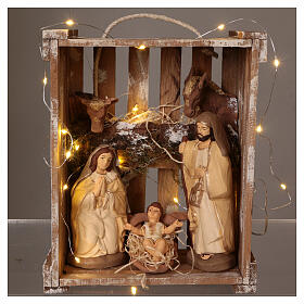 Skrzynka ze światłami, przenośna, z drewna i mchu, ze Sceną Narodzin, do szopki 20 cm, Deruta