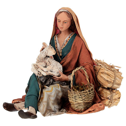 Sitzende Frau mit Zicklein, für 30 cm Krippe von Angela Tripi, Terrakotta 4