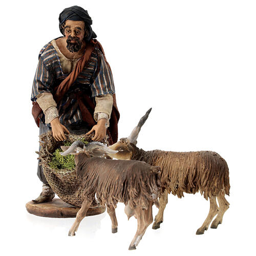 Shepherd feeding goats for Tripi's Nativity Scene with 18 cm terracotta characters 3