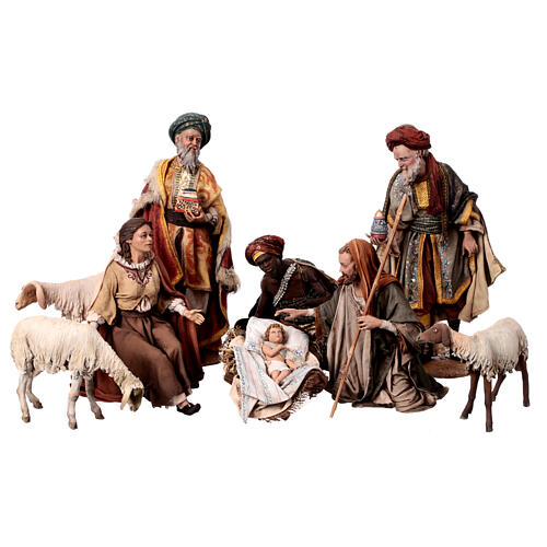 Geburt Christi mit Heiligen Königen und Tierfiguren, Set 9-teilig, für 30 cm Krippe von Angela Tripi, Terrakotta 1