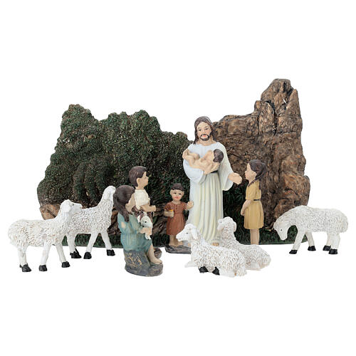 Conjunto Jesus com pastorinhos e ovelhas resina pintada para presépio pascal de 10 cm 1