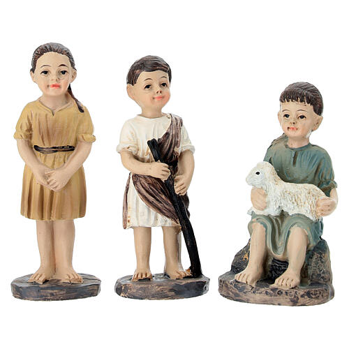 Conjunto Jesus com pastorinhos e ovelhas resina pintada para presépio pascal de 10 cm 4