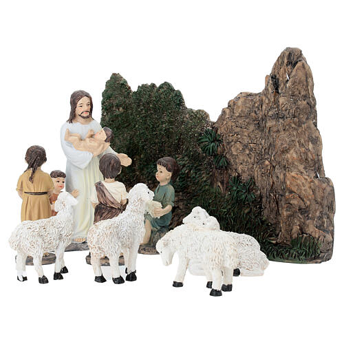 Conjunto Jesus com pastorinhos e ovelhas resina pintada para presépio pascal de 10 cm 7
