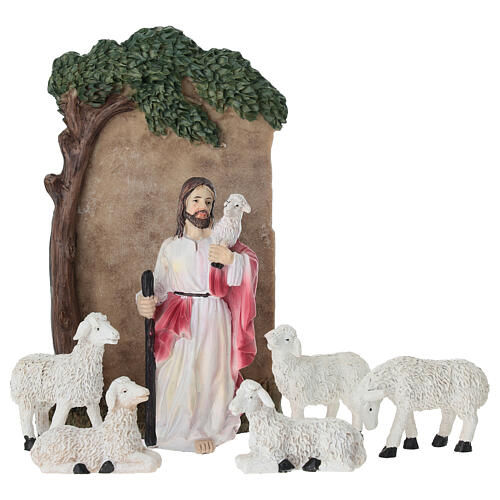 Set Gesù Buon Pastore 10 cm resina dipinta presepe pasquale 1