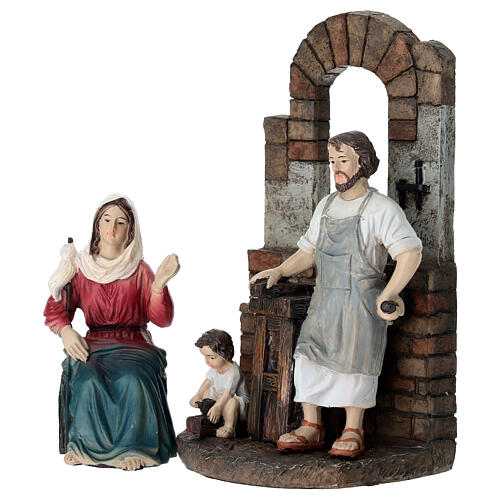 Set Heilige Familie Tischlerwerkstatt 10 cm mit bemalten Harzfigur für Osterkrippe 3