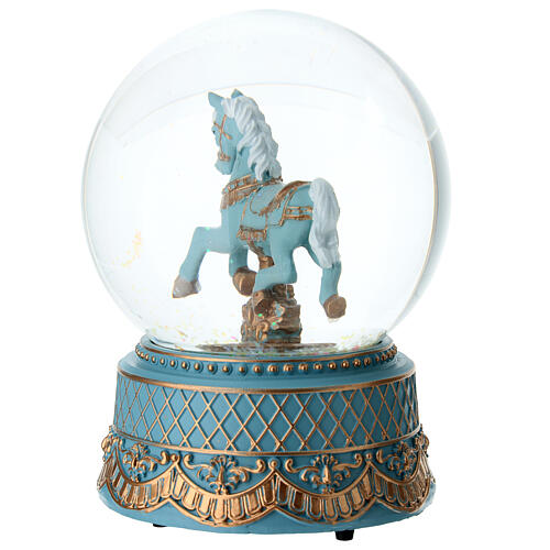 Boule de verre carrousel cheval bleu 16 cm 4