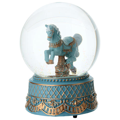 Palla di vetro giostra cavallo azzurro 16 cm 3