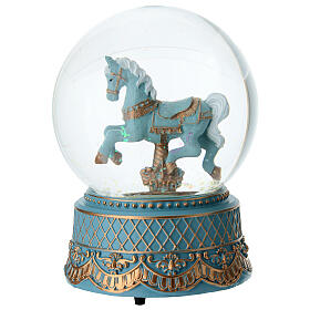 Blue carousel horse glass snow globe, 16 cm
