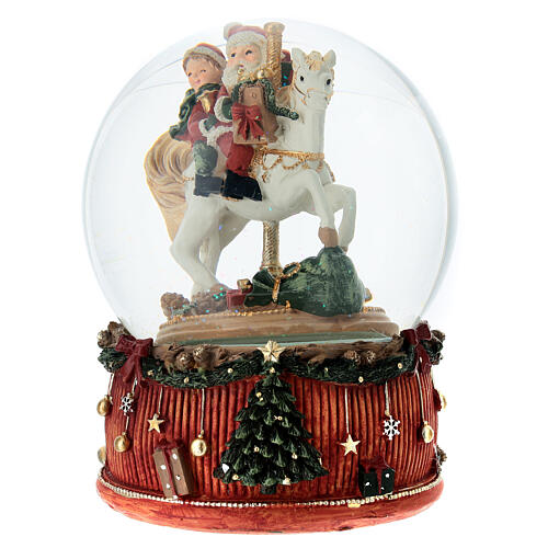 Schneekugel mit Spieluhr – Weihnachtsmann auf Spielzeugpferd, 20 cm 3
