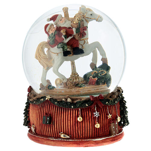 Schneekugel mit Spieluhr – Weihnachtsmann auf Spielzeugpferd, 20 cm 5