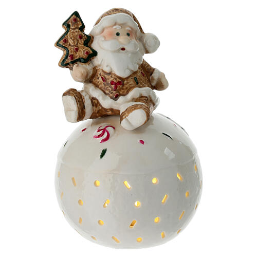 Père Noël sur boule en porcelaine illuminée avec arbre 15 cm 1