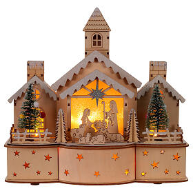 Church with LED Nativity Scene, snowy background, battery-operated, 12x6x12 in