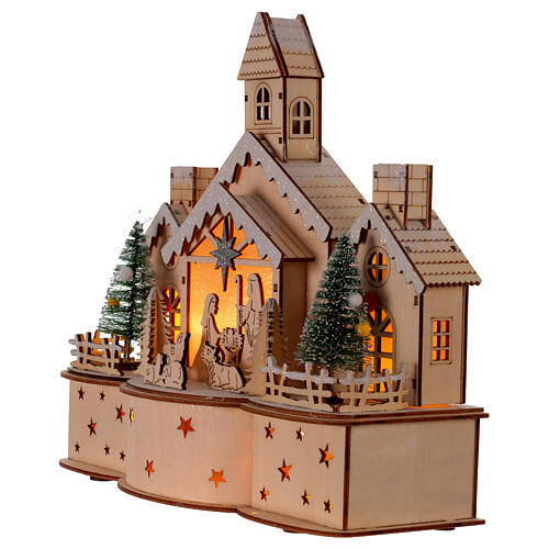 Church with LED Nativity snowy background battery-powered, 30x15x30 cm 2