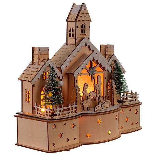 Church with LED Nativity snowy background battery-powered, 30x15x30 cm 3