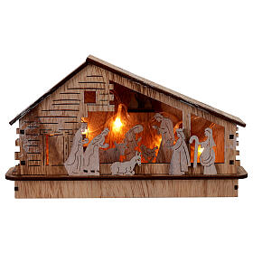 Complete wooden nativity set lighted house with battery-powered, 30x10x20 cm