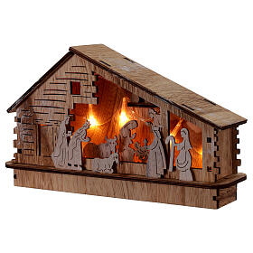 Complete wooden nativity set lighted house with battery-powered, 30x10x20 cm