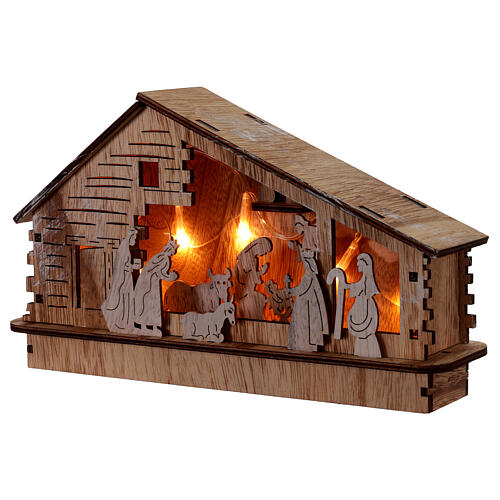 Complete wooden nativity set lighted house with battery-powered, 30x10x20 cm 2