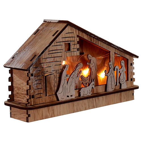 Complete wooden nativity set lighted house with battery-powered, 30x10x20 cm 3