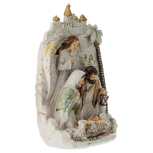 Nativity Holy Family with angel and Bethlehem background, 25 cm 3