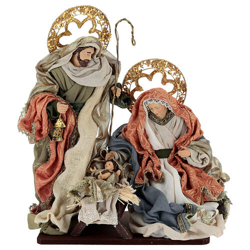 Nativity with golden halos, fabric clothing, 40 cm 1