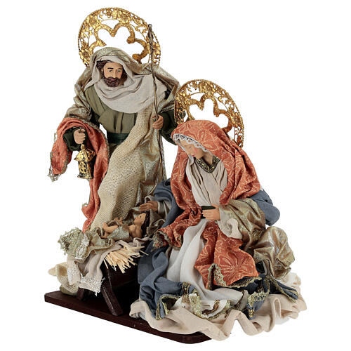 Nativity with golden halos, fabric clothing, 40 cm 2