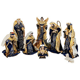 Crèche complète 10 pièces tissu bleu et or 35 cm