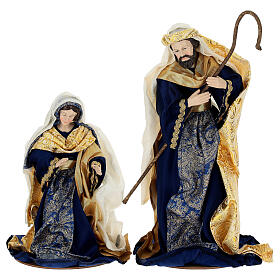 Crèche complète 10 pièces tissu bleu et or 35 cm