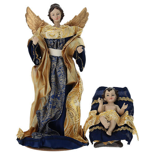 Crèche complète 10 pièces tissu bleu et or 35 cm 3