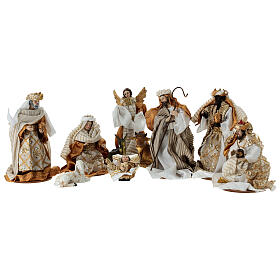 Crèche complète 10 pièces tissu blanc et or 15 cm