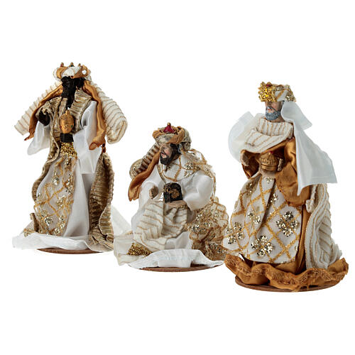 Crèche complète 10 pièces tissu blanc et or 15 cm 8