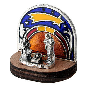 Colored comet star with miniature Holy Family set, 3x3x2 cm wooden base